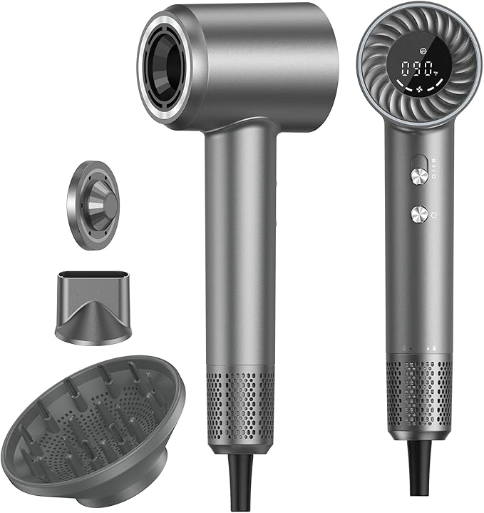 Hair Dryer, 150000 RPM Brushless Motor with 500M Negative Ions, Fast-Dry Lightweight Design, ThermoControl & Magnetic Nozzle/Diffuser, Low Noise Salon Blow Dryer for All Hair, Travel, Home