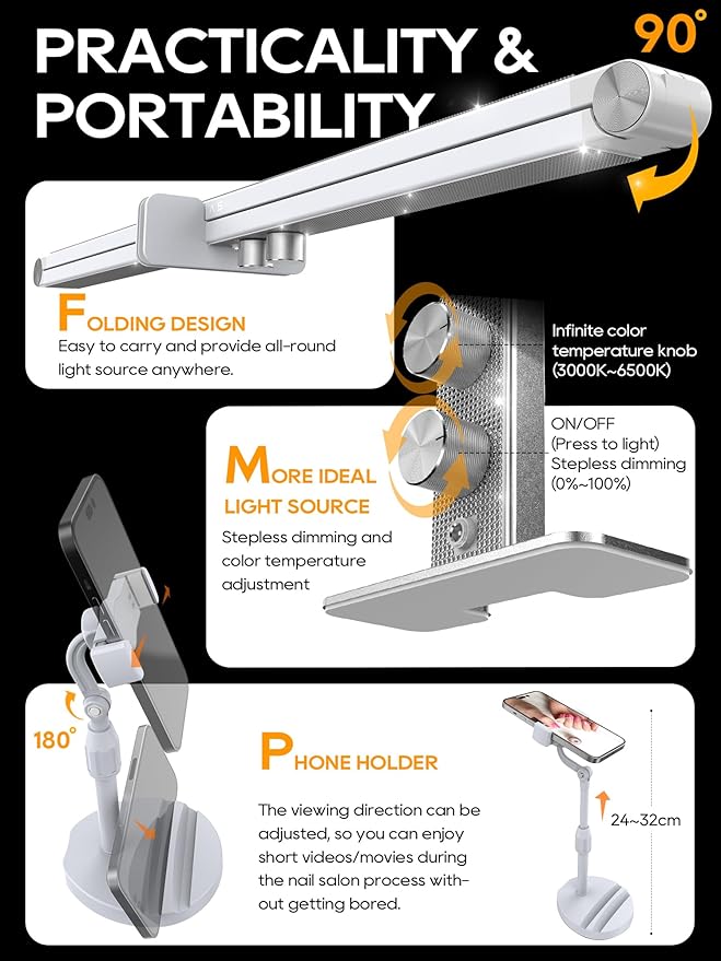 Upgraded Nail Tech Lamp for Desk, 32 in Foldable Large Nail Light with Phone Holder, 3000K-6000K CRI＞95 LED Manicure Lamp, Half Moon Light for Lash Eyelash Extension, Tattoo, Eyebrows-Diamond White