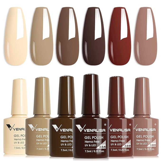 VENALISA Brown Gel Nail Polish Set - 6 Colors Fall Winter Skin Tones Neutral Nude Brown Gel Polish Kit for Salon Nail Art DIY at Home Manicure