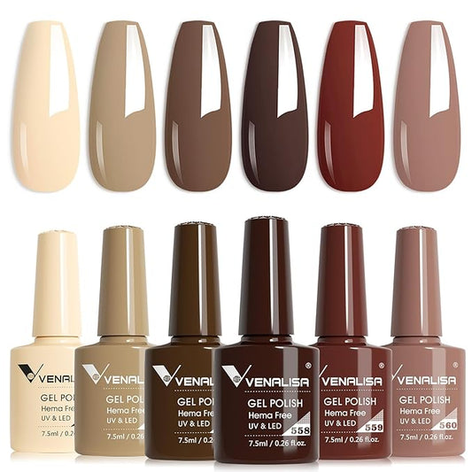 VENALISA Brown Gel Nail Polish Set - 6 Colors Fall Winter Skin Tones Neutral Nude Brown Gel Polish Kit for Salon Nail Art DIY at Home Manicure