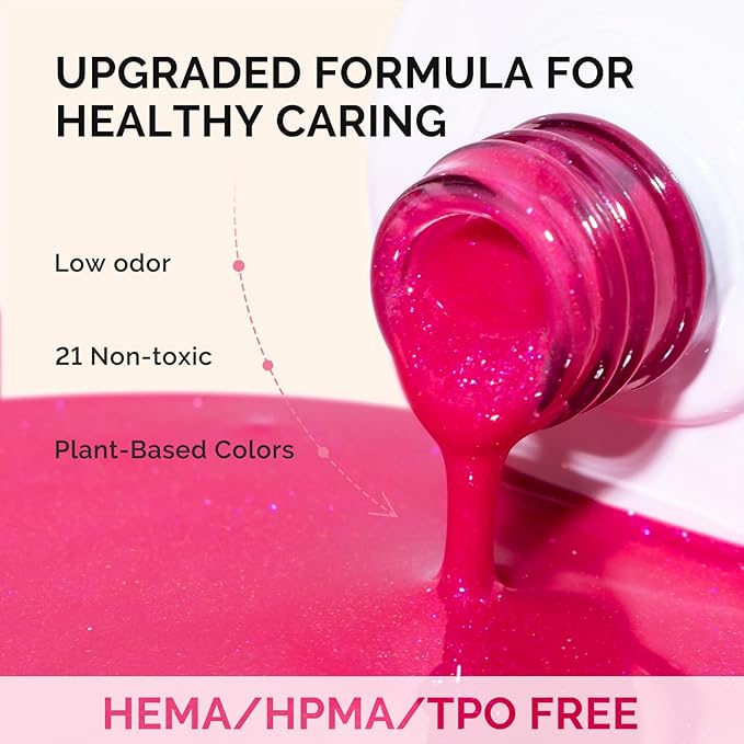 MelodySusie Fleurwee Plant Based Gel Nail Polish, Nail Polish Hema Free 21 Non Toxic Long Lasting No Chip Finger Toe Nail Art Manicure Salon DIY at Home Gifts for Women Guava Glitter P55
