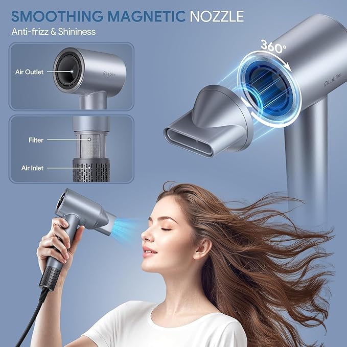 Hair Dryer, High-Speed Ionic Low Noise Blow Dryer with Brushless Motor for Fast Drying, Thermo-Control Quiet Compact Hair Blow Dryer, Hairdryer with 1 Nozzle Attachments for Home Salon Travel