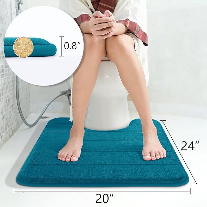 Yimobra Memory Foam Toilet Bath Mat U-Shaped, Soft and Comfortable, Water Absorption, Non-Slip, Thick, Machine Wash and Easier to Dry for Bathroom Commode Contour Rug, 24 X 20 Inches, Peacock Blue