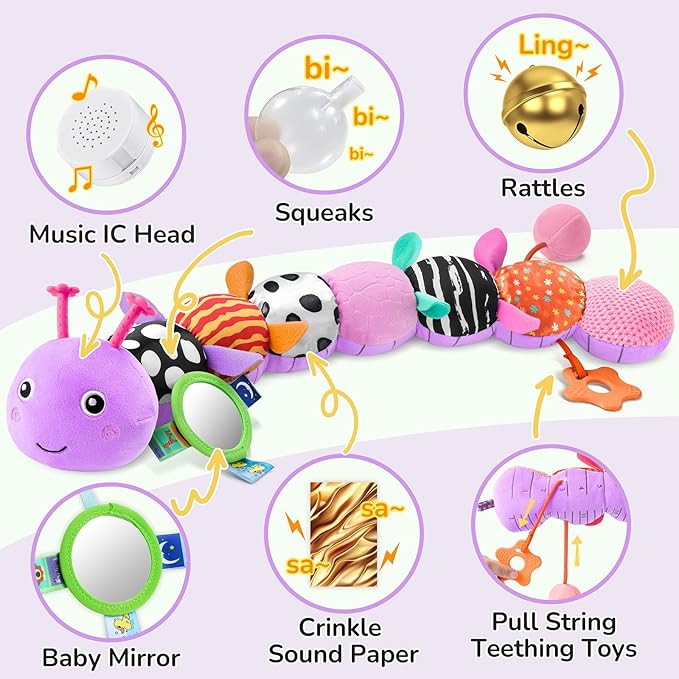 Baby Toys 6-12 Months Music Caterpillar Infant Toys Stuffed Animals 0-3-6 Months Teething Tummy Time Sensory Toys with Mirror Rattle&Pull String for Boys Girls Birthday Gifts|Lavender Purple