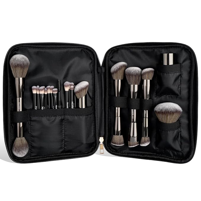 MAANGE 20 PCS Makeup Brush Set with Bag, Double-ended Kabuki Brush Foundation Contour Brush for Liquid Powder Concealer Eye Shadows Cream Cosmetics Blending Blush Face Makeup Tools with Case (Black)