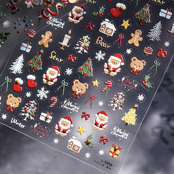 Christmas Nail Art Stickers Decals 5D Embossed Santa Claus Xmas Tree Nail Decals with Crystal 1PCS Cute Bear Bow Candy Cane Snowflake Christmas Nails Adhesive Stickers for Holiday Manicure Decorations