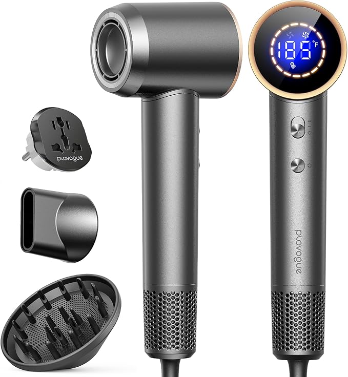 PLAVOGUE Dual Voltage Travel Hair Dryer with Diffuser, High-Speed Ionic Blow Dryer for Women, Fast Drying, Low Noise, Lightweight, No Heat Damage, European Travel 110V-120V/220V-240V (Grey)