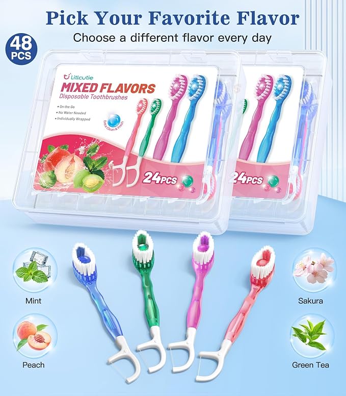 48 Pack 5-in-1 Disposable Toothbrushes with Toothpaste, Floss, Pick & Tongue Scraper, Portable Mini Toothbrush Travel Set for Kids Adults, Individually Wrapped, Work Camping, Mixed Flavor