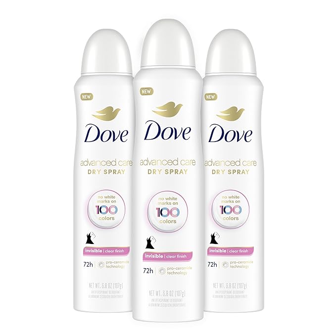 Dove Advanced Care Antiperspirant Deodorant Spray Clear Finish 3 Count Invisible antiperspirant deodorant tested on 100 colors 72-hour odor and sweat protection with Pro-Ceramide technology 3.8 oz