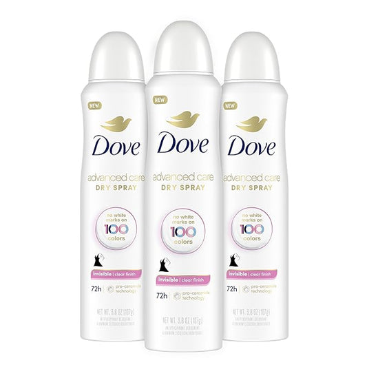 Dove Advanced Care Antiperspirant Deodorant Spray Clear Finish 3 Count Invisible antiperspirant deodorant tested on 100 colors 72-hour odor and sweat protection with Pro-Ceramide technology 3.8 oz