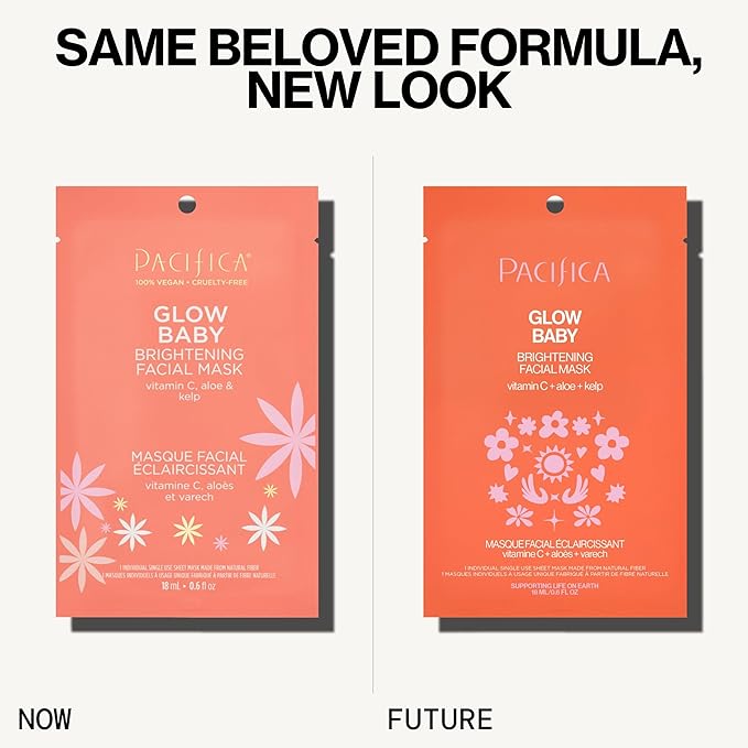 Pacifica Sheet Face Mask - Glow Baby Brightening Facial Mask w/Vitamin C, Aloe & Kelp – Cooling Mask for Dark Spots & Fine Lines - Clean Beauty Vegan & Cruelty-Free Dermatologist Tested