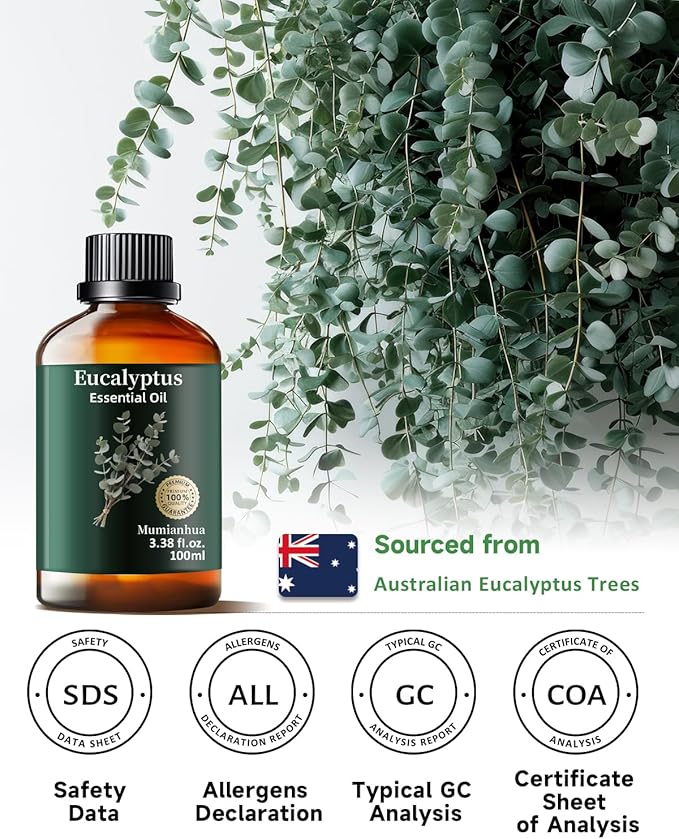 Pure Eucalyptus Essential Oil, Mumianhua Natural Eucalyptus Oil for Diffuser, Face, Skin, Aromatherapy, Hair, Scalp and Body Massage,Spray Candle Making, Outdoor Freshness, Invigorating Air 3.38 Fl Oz