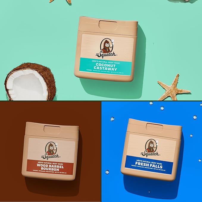 Dr. Squatch NEW Body Wash for Men with Nourishing, Natural Ingredients | No Paraben, Phthalate, Sulfate | All Day Moisturization | Wood Barrel Bourbon, Fresh Falls & Coconut Castaway (8 oz, 3-Pack)