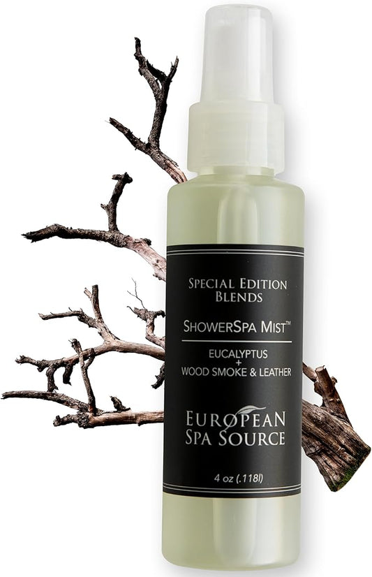 European Spa Source Special Edition - Eucalyptus, Wood Smoke + Leather ShowerSpa Mist Spray for Aromatherapy, at Home Spa Experience, Sinus Congestion Relief, and Tension Relief, 4 fl oz.