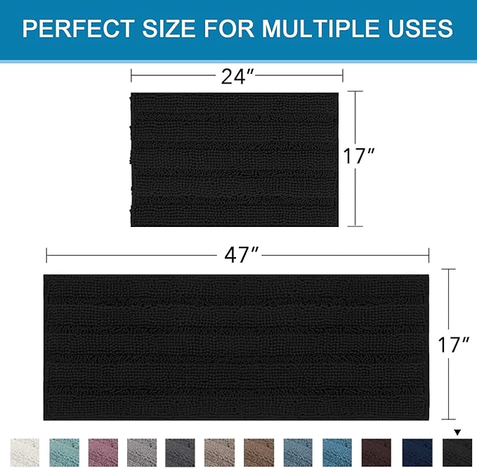 H.VERSAILTEX 2 Piece Bathroom Set - Super Absorbent Chenille Striped Bath Mats, Non Skid, Machine Washable - Jet Black, 47 x 17 Plus 17 x 24 Inches