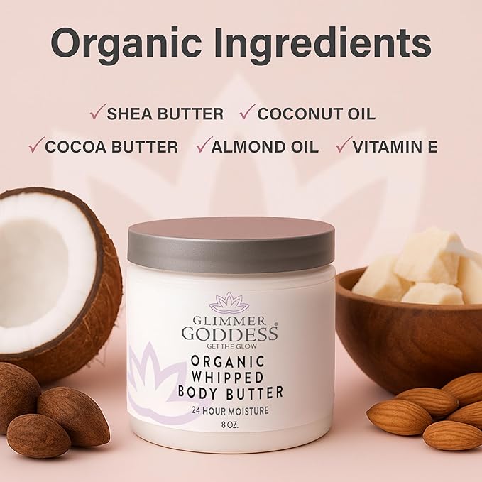 Glimmer Goddess Organic Whipped Body Butter for Women - Moisturizer Cream with Shea & Cocoa Butter, Almonds & Coconut Oil - Rose Geranium Lavender, 8oz