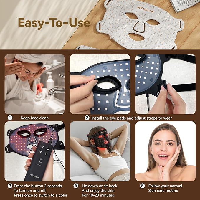 MEGELIN 7 Colors Led Light Therapy Facial Mask, Face Light Therapy Mask for Face, Reduce Wrinkles Smooth Skin, Infrared Light Skin Rejuvenation