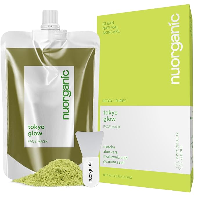 nuorganic Matcha Green Tea Clay Mask for Purifying Cleanse, Toning, Refreshing, Hydrating Skin - Squeezy Tube Stays Fresher for Longer - Clean, Natural, Organic Ingredients, 4.2 fl oz