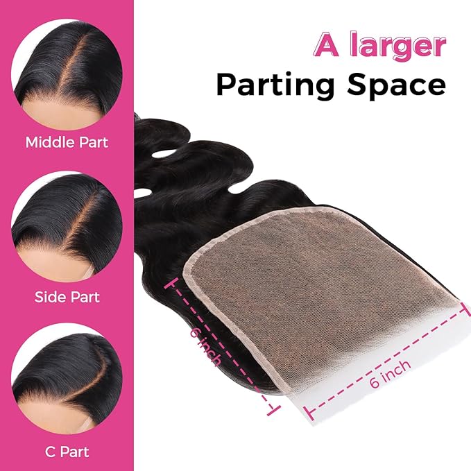 Lashey 6x6 SKINLIKE HD Lace Closure Body Wave, 0.10mm Ultra-Thin Invisible Real HD Closure Pre Bleached Knots Pre Plucked Hairline Human Hair, 22 Inch Natural Black