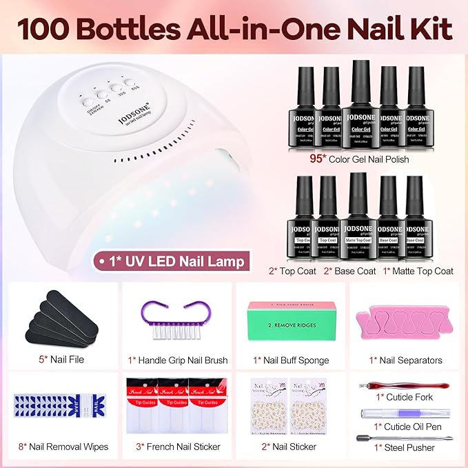 JODSONE 100 Bottles of Gel Nail Polish Kit with U V Led Light 95 Multiple Glossy Glitter Colors Mint Green Light Pink Nail Gel Base Coat Glossy and Matte Top Coat
