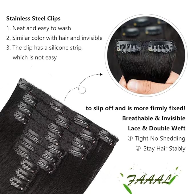 22" Clip in Human Hair Extensions Full Head 200g 10 Pieces 22 Clips Natural Black Double Weft Brazilian Real Remy Clip In Hair Extensions Thick Straight Silky (22",200g 1B#)