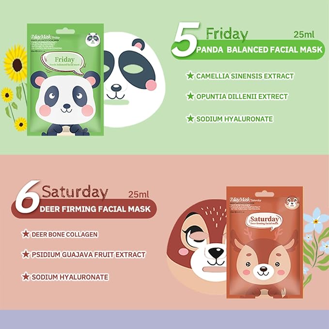 Kids Face Mask Spa, Animal Face Masks for Kids Teens Women Skincare, Animal Character Sheet Facial Mask for All Skin Types, Girls Night Party Skin Care Set, Birthday Christmas Gifts（7PCS）
