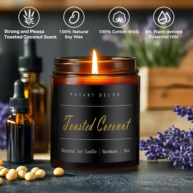 Toasted Coconut Candles for Home Scented, Natural Soy Aromatherapy Non Toxic Candles with Long Lasting Fragrance & Clean Burn, Luxury Jar Candle Gift for Women, Men, Home Decoration 9oz