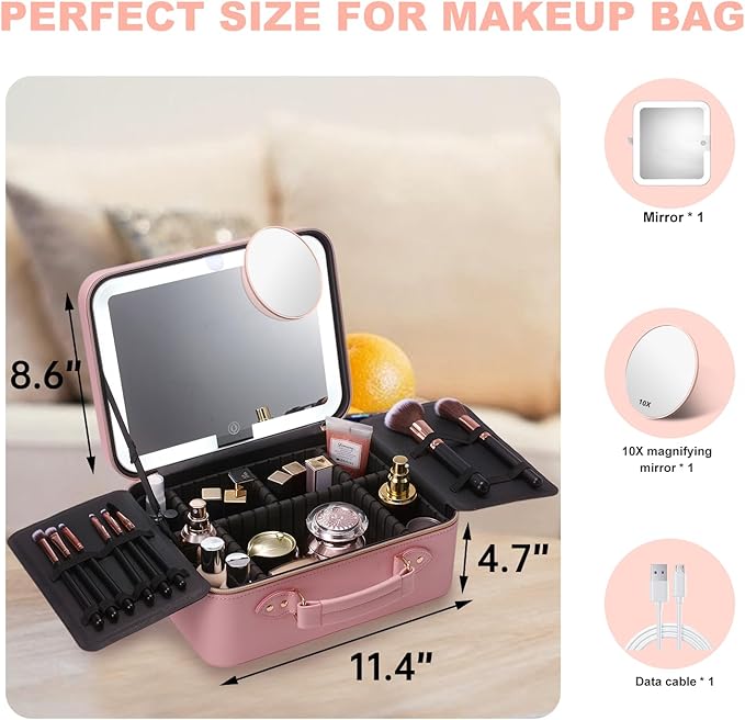 Mocado Travel Makeup Bag with LED Lighted Mirror,Makeup Case with 3 Color Lighted Setting and 10x Magnifying Mirror, Portable Storage and Adjustable Dividers (Pink with Hard Leather)