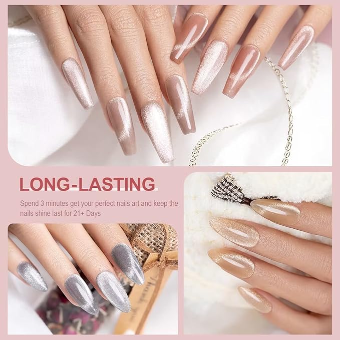 RARJSM Cat Eye Gel Nail Polish Set Silver Glitter Nude Purple Pink Red Champagne Gold Brown 6 Colors 9D Galaxy Velvet Ice Jelly Gel Polish with Magnet Stick UV LED Curing Requires Soak Off Home Salon