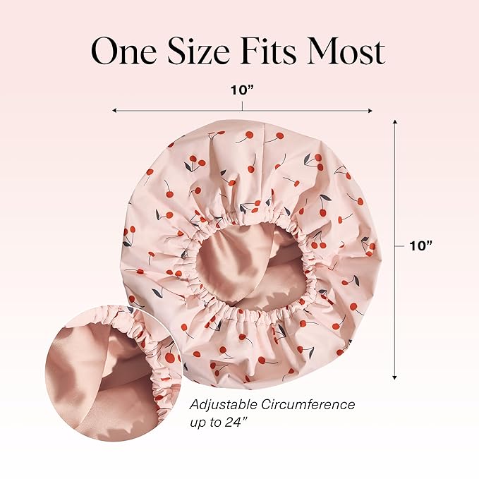 Kitsch Luxury Shower Caps for Women Reusable Waterproof - Flexi Satin Lined, Large Shower Cap for Men, Non-slip, Quick-dry, Adjustable, Stylish Hair Cap for Long & Short Hair - Cherry Print