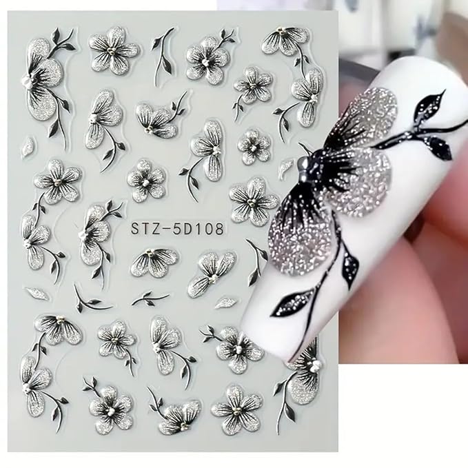 Flower Nail Art Stickers Decals 5D Embossed Flowers Nail Decals Nail Art Supplies Watercolor Ink Floral Leaf Petal Design Summer Nails Adhesive Sliders Flower Stickers for Women Nail Art Decorations