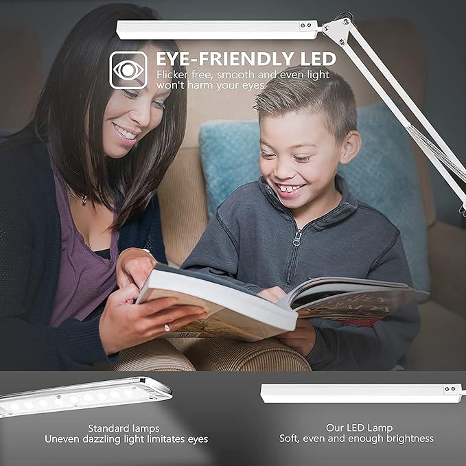 LED Desk Lamp, Manicure Table Lamp, 16" Lamp Head, Dimmable Eye-Caring Drafting Light with 3 Color Modes, 10 Brightness Levels & Adapter, Memory Function(White)