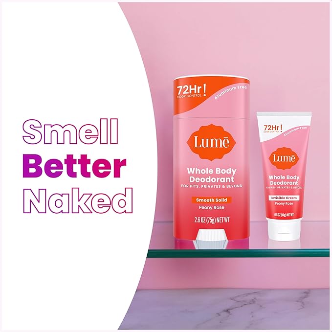 Lume Whole Body Deodorant - Invisible Cream Tube Mini + Solid Stick Bundle - 72 Hour Odor Control - Aluminum & Baking Soda Free, Skin Loving (Peony Rose)