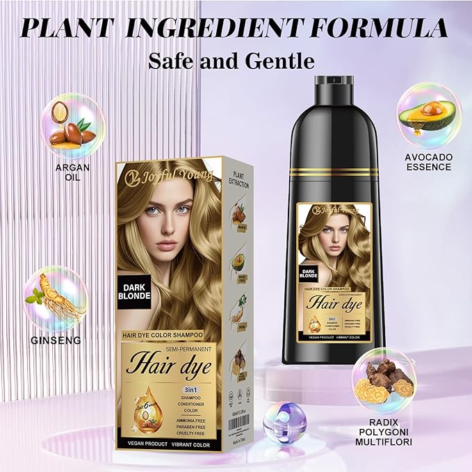 Natural Color Hair Dye Shampoo 3 IN 1, Instant Hair Coloring, Gray Coverage for Men & Women, Beard Dye Vegan Ammonia Free & Paraben-Free, Champú Para Canas Mujer & Hombre (DARK BLONDE)