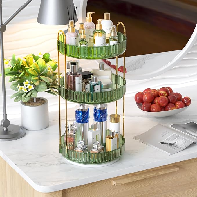 GTI 360°Rotating Makeup Organizer, 3 Tier Large Capacity Perfume Cosmetics Skincare Vanity Organizers,Bathroom Counter Organizer, Dresser Spinning Countertop Organizer and Storage for Women (Green)