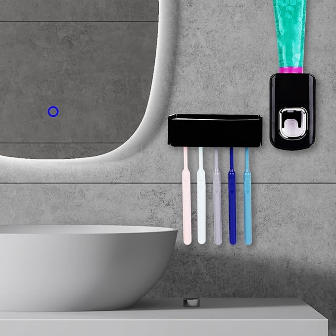 5 Slots Wall Mount Toothbrush Holder with Cover, Self Adhesive Toothbrush Storage Organizer for Shower, Toothbrush Hanger with Automatic Toothpaste Squeezer Dispenser(Black)