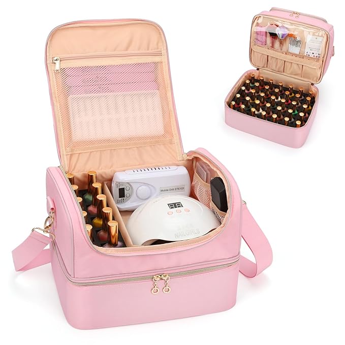 Nail Polish Organizer Case, Nail Supplies Storage Box Holds Nail Polish Bottles & Nail Lamp, Travel Nail Tech Carrying Case, Nail Kit Bag For Nail Stuff & Manicure Tools (Pink, 45 Slots)