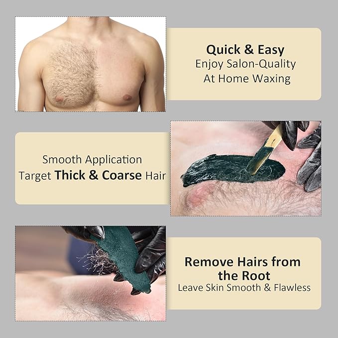 Maxpearl Hair Removal Waxing kit for Men, Nose & Ear Wax Kit with Silicone Pot - Hair Removal for Unwanted Coarse Male Body Hair - Mustache, Eyebrows, Underarms, Back, Chest, Legs and More
