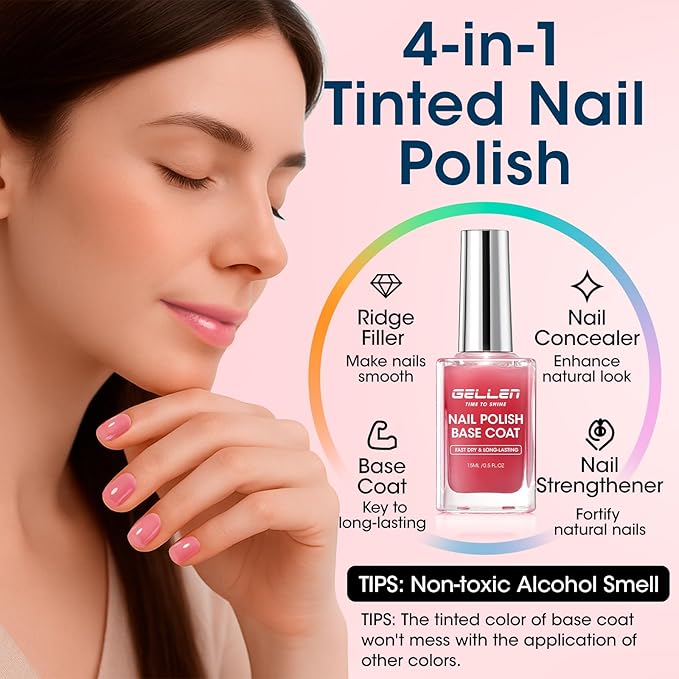 GELLEN 4‑in‑1 Clear Nail Polish Base Coat Sheer Tinted Red, Ridge Filler, Nail Strengthener & Concealer, Calcium Formula Strengthen Nails, Natural Color Enhance Natural Look, HEMA Free, Anti Yellow