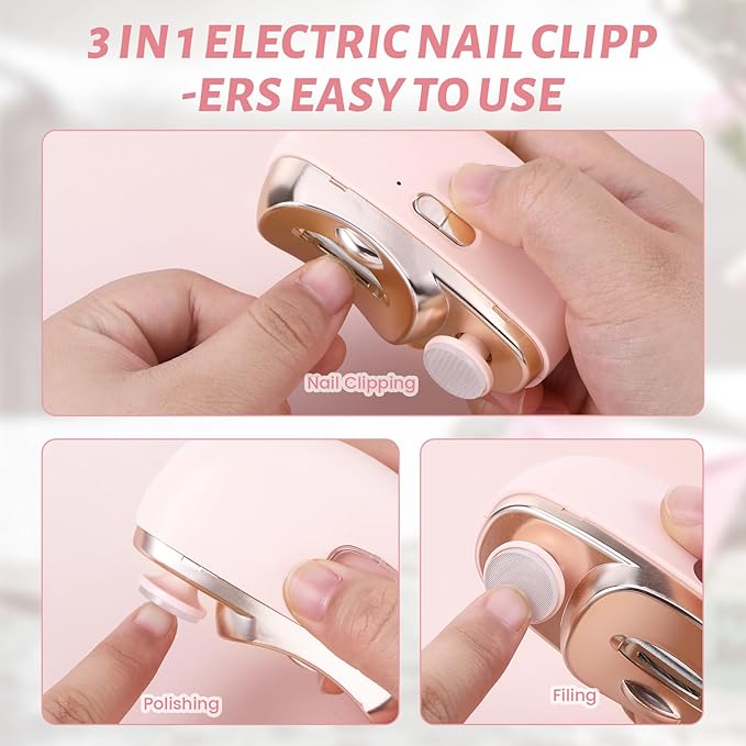 3 in 1 Electric Nail Clipper for Seniors, Baby Nail Trimmer Electric Automatic Trimmer, Safe Electric Toenail Clippers Nail File Tools for Adult, Manicure Kit Grinder with Polishing(Pink)