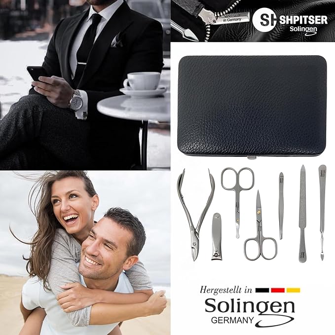 SHPITSER Professional 7pc TopInox Surgical Stainless Steel Tools Manicure Pedicure Set in Genuine Durable Leather Case Handmade in Solingen Germany for Nail and Cuticle and Nose Care