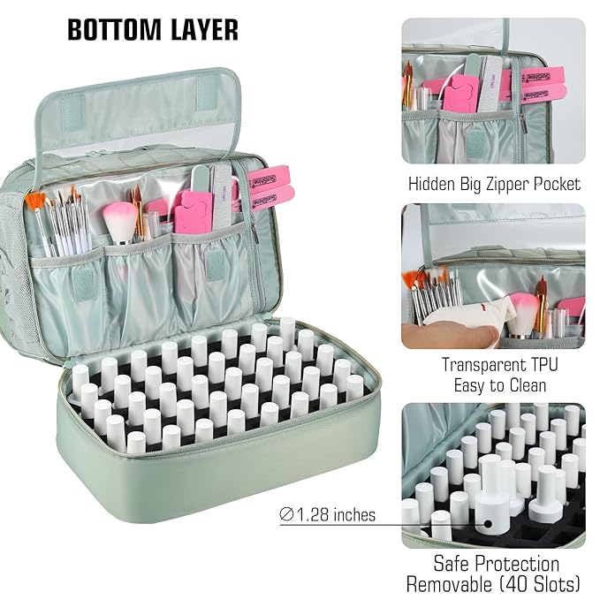Nail Polish Organizer Case,Nail Storage Organizer Holds Nail Lamp & 50 Bottles Nail Polish,Nail Tech Travel Case,Nail Kit Organizer Bag Fits Nail Supplies & Manicure Tools,Green (Patented)