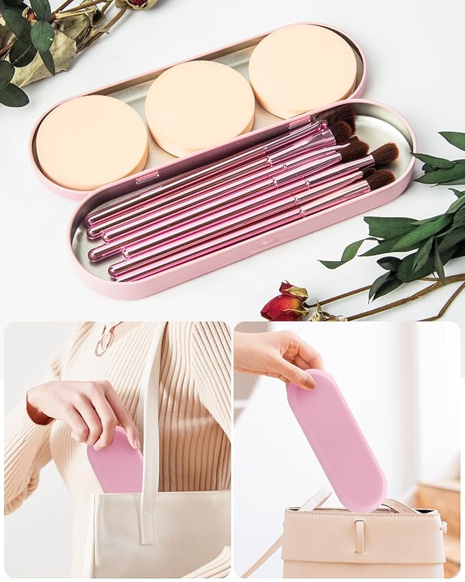 8Pcs Makeup Brushes Set Premium Eyeshadow Brush Professional Angled Eyebrow Brush Lip Brush Eyeshadow Brush Set With 3Pcs Powder Puffs and Pink Case 12 in 1
