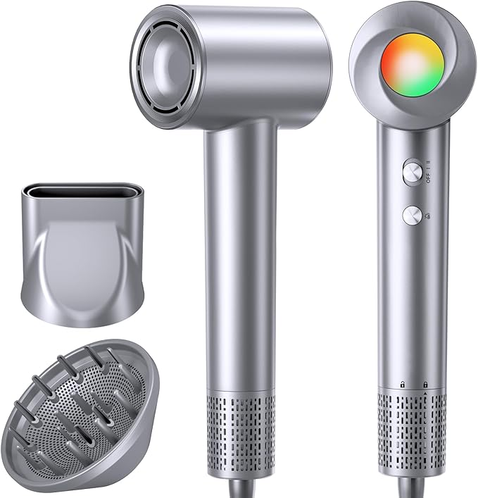 Hair Dryer, 160000 RPM Ionic Hair Dryer Portable Lightweight Blow Dryer with 500 Million Negative Ions, Fast-Drying, Lightweight and Quiet with Diffuser & Nozzle, Perfect for Home and Travel-Gray