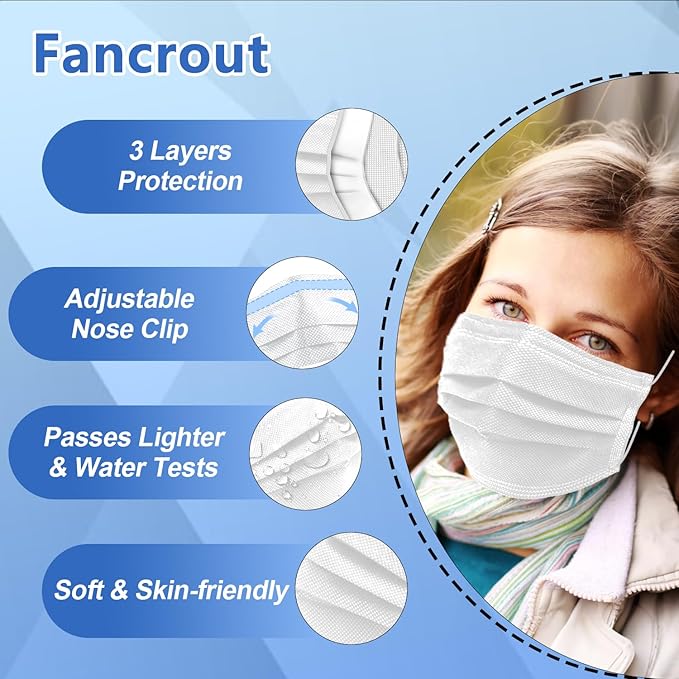100Pcs White Disposable Face Mask, 3 Ply Masks with Soft Elastic Ear loops