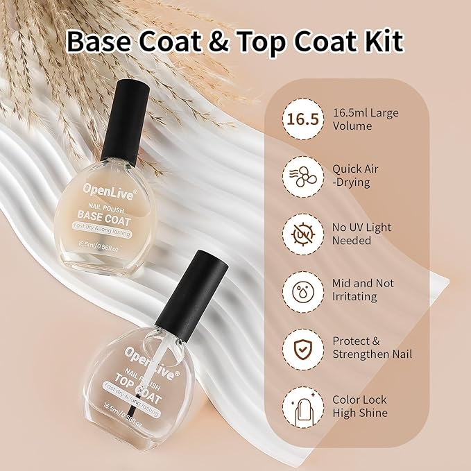 Base and Top Coat Nail Polish Quick Dry,16.5ml Large capacity Basic Nail Polish Set Air Dry Fast, High-Glossy Shiny, No U V Light Needed for Women Salon DIY Nail Art