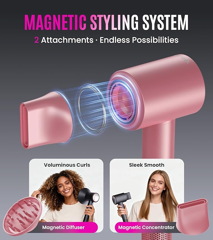 16W RPM High-Speed Hair Dryer for Fast Drying, Quiet lonic Blow Dryer with Frizz Control & No Heat Damage, Lightweight Travel Hair Dryer with Magnetic Nozzles for Curly & Straight Hair (Pink)