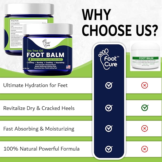FOOT CURE Tea Tree Oil Balm – Moisturizer for Dry Cracked Feet – Instantly Hydrates & Soothes Irritated Skin & Athlete's Foot – Best Care for Women and Men (Pack of 1)