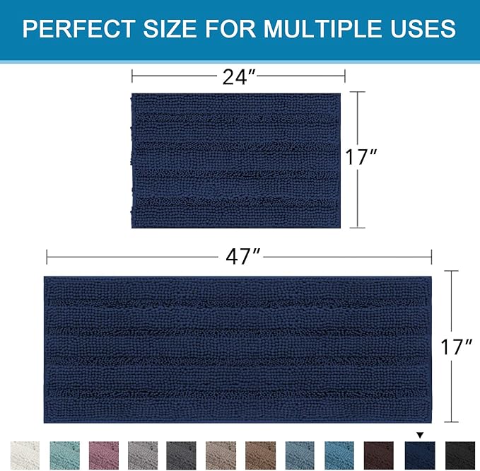 H.VERSAILTEX 2 Piece Bathroom Set - Super Absorbent Chenille Striped Bath Mats, Non Skid, Machine Washable - Navy, 47 x 17 Plus 17 x 24 Inches