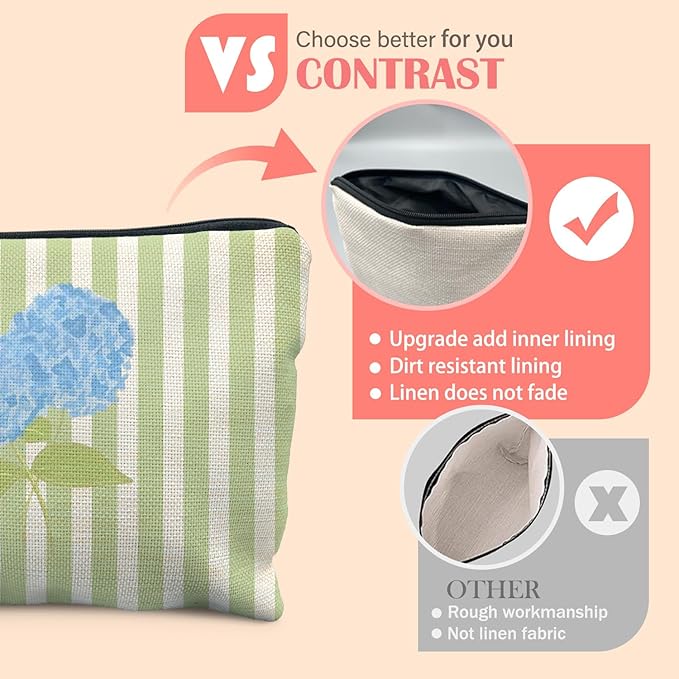 Blue Hydrangea Floral Makeup Bag for Women, Cottagecore Botanical Blue Flower Green Striped Cosmetic Bag for Purse, Floral Makeup Zipper Pouch
